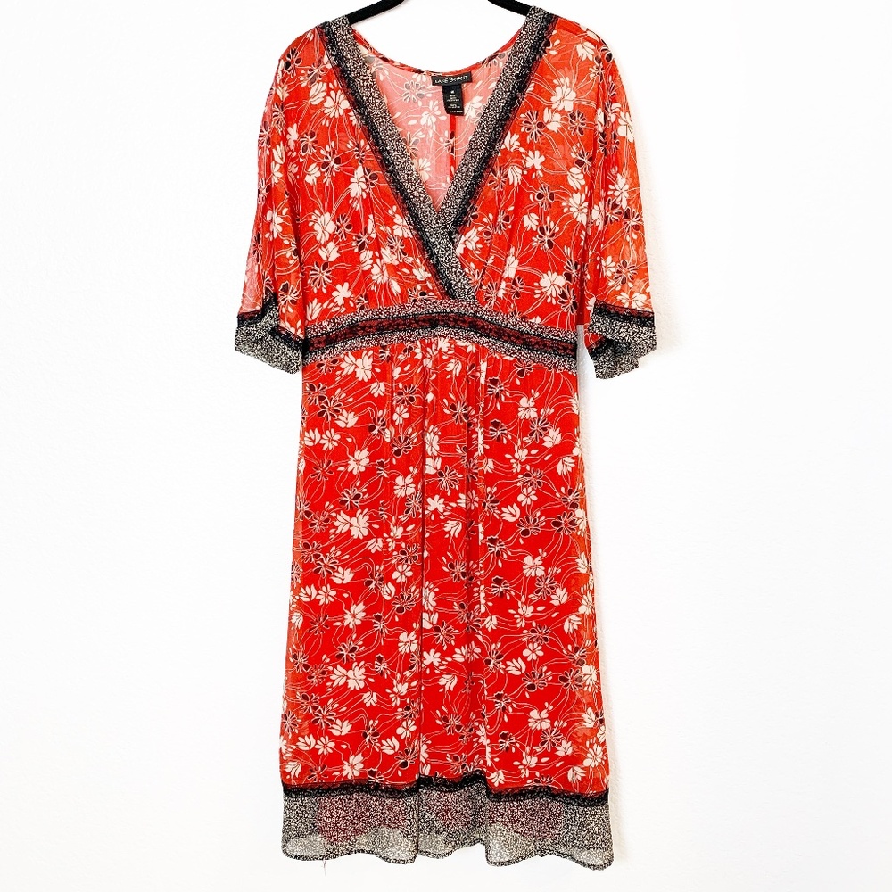 Lane Bryant Dress Womens 16 Red Black Floral Chiffon Surplice Neckline Tie Back